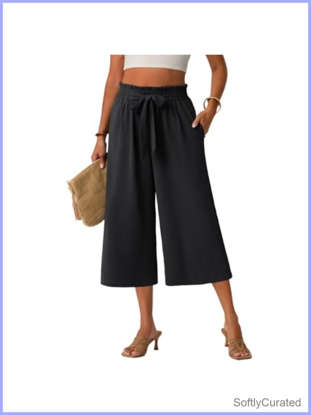Wide Leg Capri Pants High Waisted Pull On with Pockets